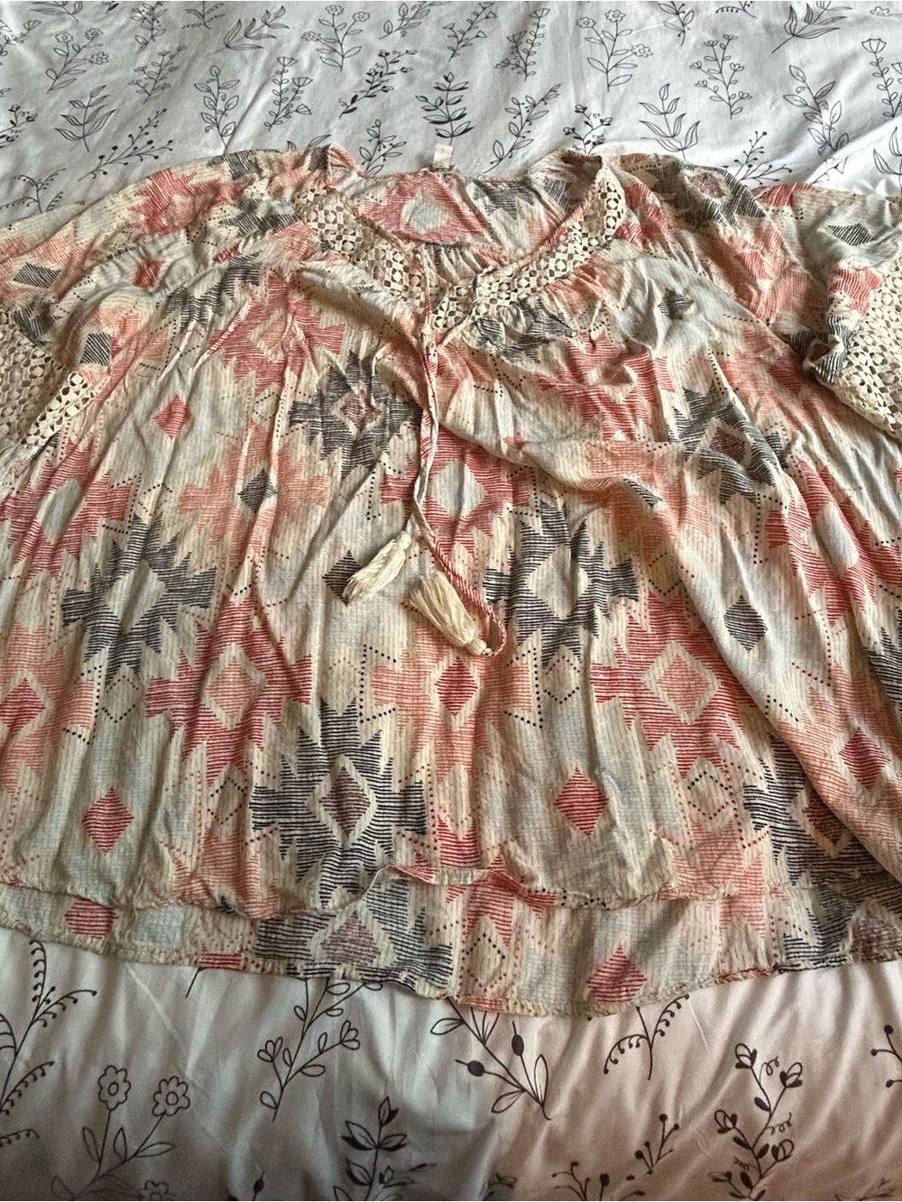 Cato Red, White, Blue Aztec-Print Peasant Top